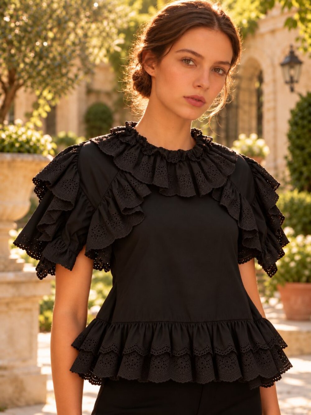 GOEN.J Black Eyelet Ruffle Top 100% Cotton Dark Cottagecore Boho Avant Garde S 4